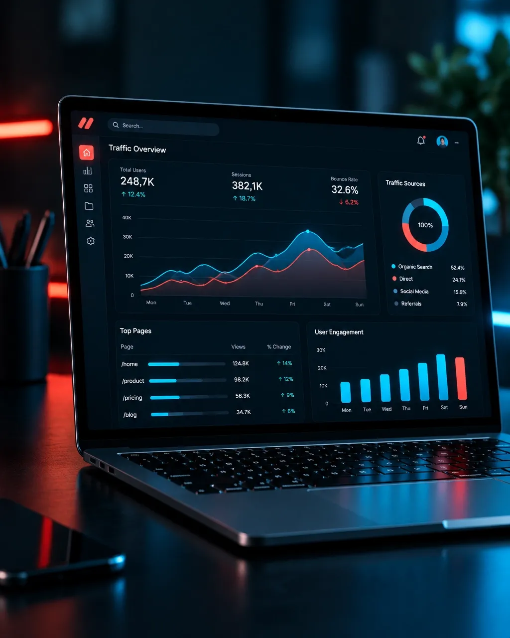 Portátil con una interfaz digital en una mesa oscura
