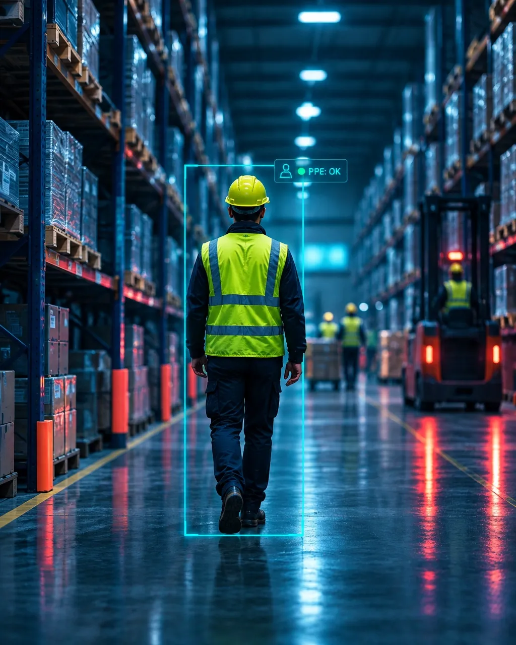 Profesional con chaleco de seguridad en un entorno industrial