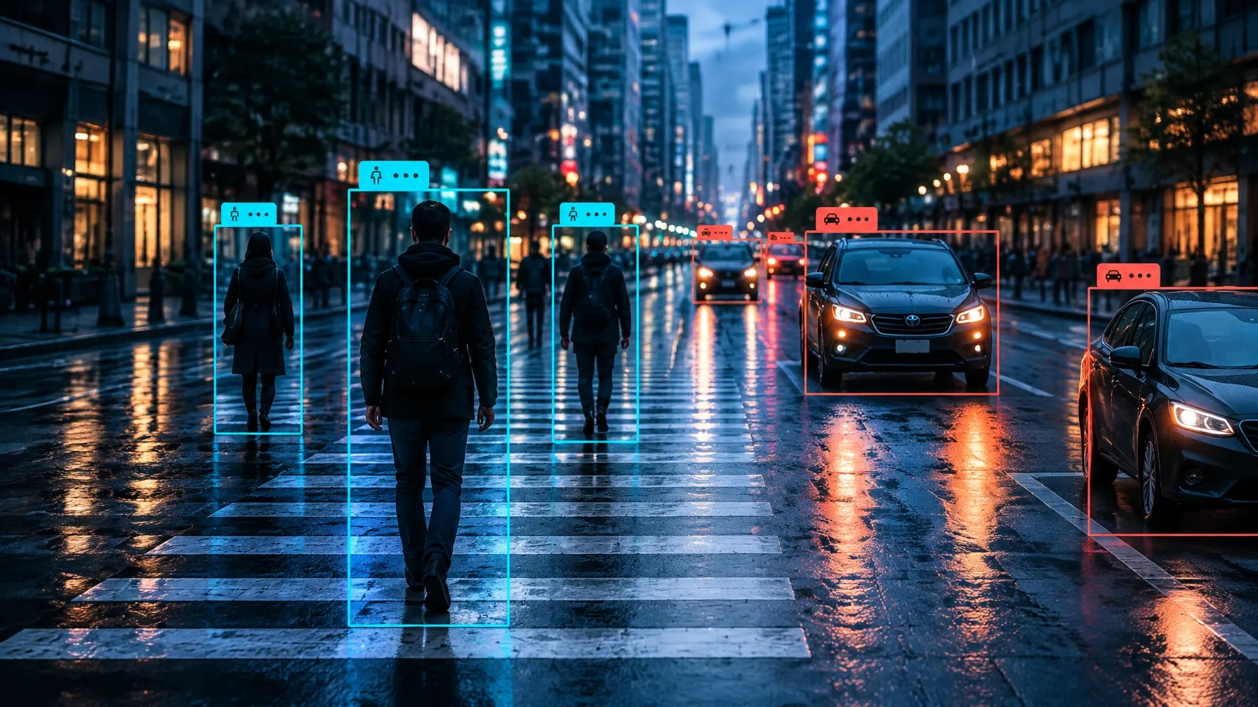 Vista urbana nocturna con detección visual de peatones y vehículos
